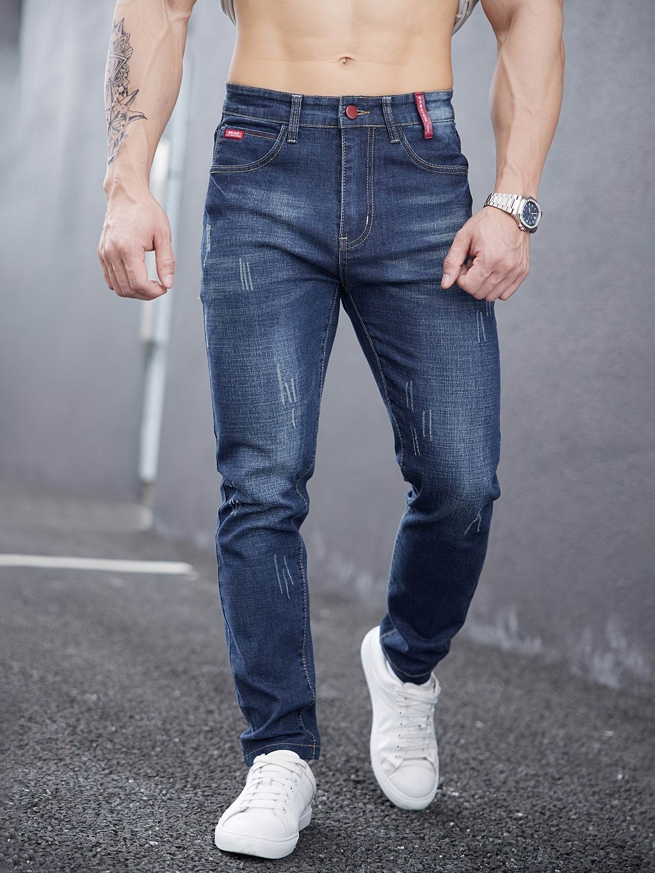 Men's Slim-Fit Washed Jeans - Stretch Denim for All Seasons, Casual Style - Buy Center US