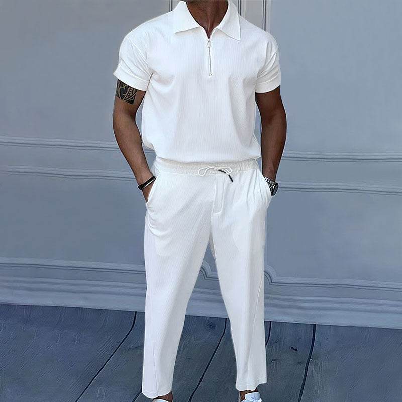 Stylish Men's Polo Collar Trousers Suit - Short Sleeve, Solid Colors - Buy Center US