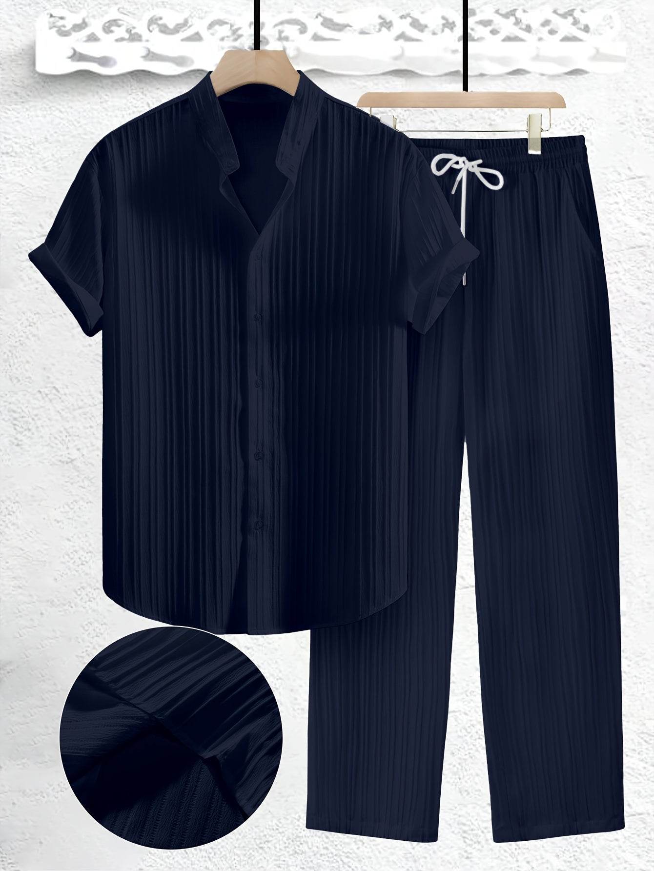 Men's Casual Summer Co-ord Set - Short Sleeve Shirt & Pants, Solid Color - Buy Center US