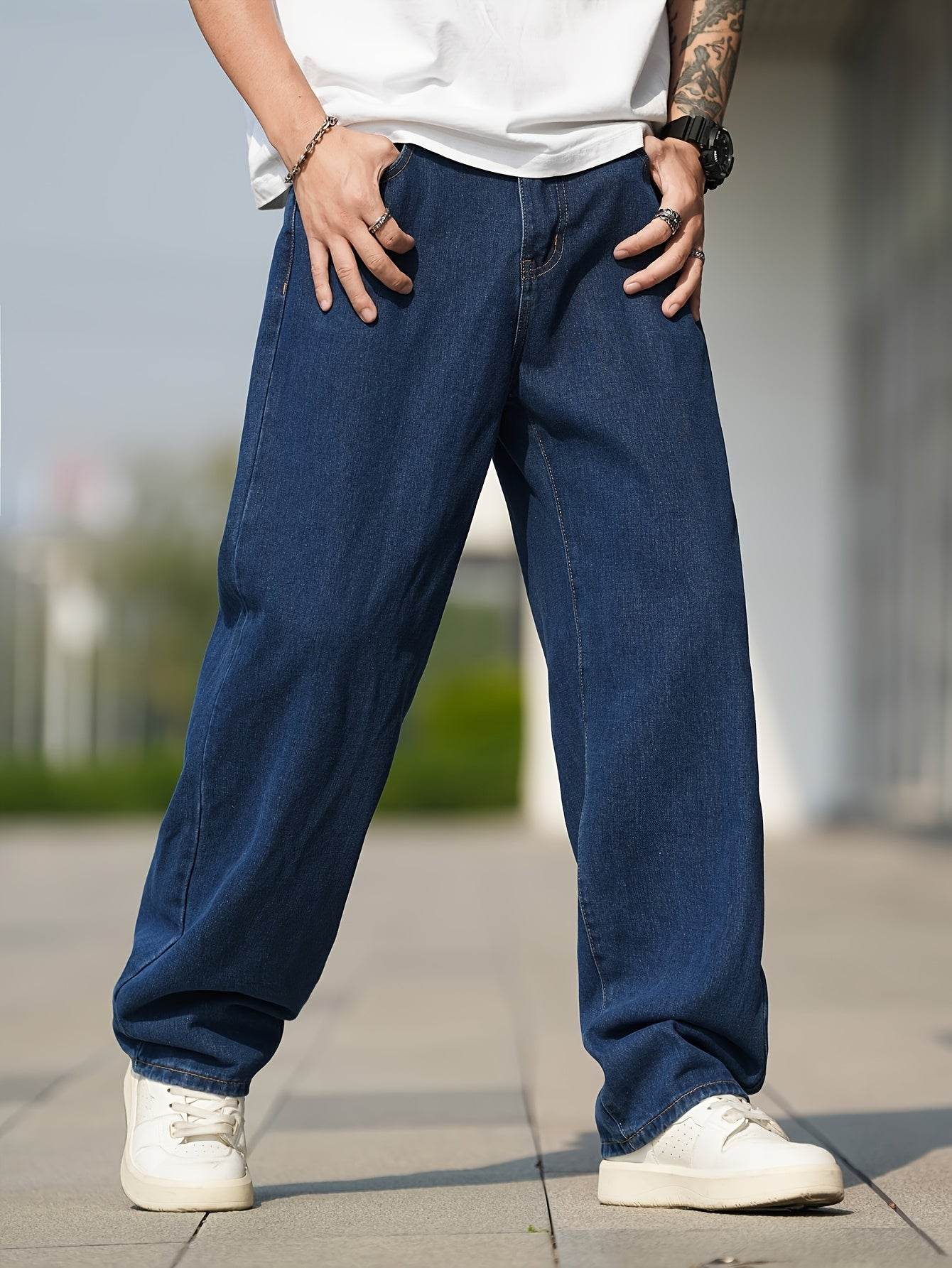 Men's Loose Fit Straight Leg Jeans - Washed Blue, All-Season Comfort - Buy Center US