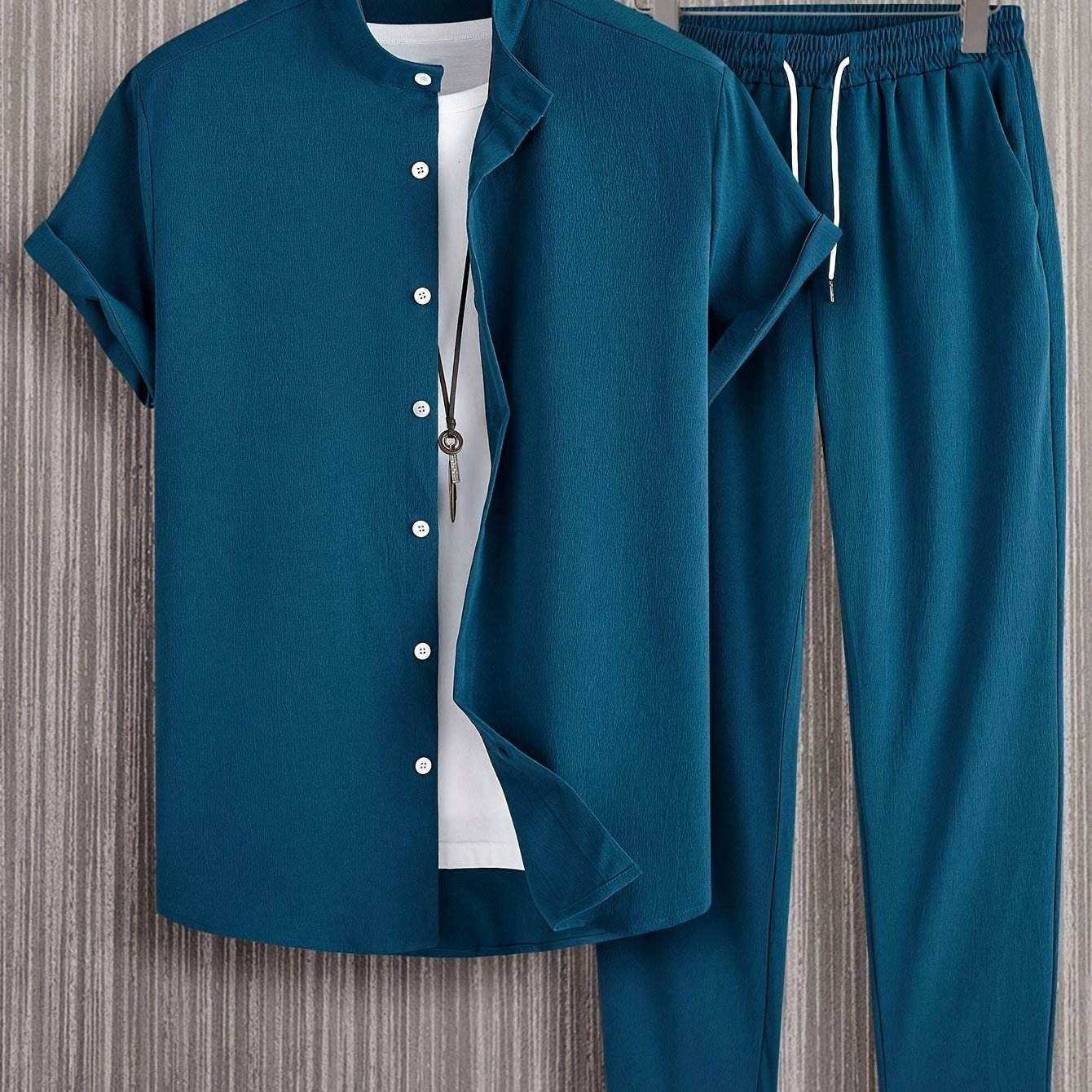 Stylish Men’s Solid Color Casual Shirt & Trouser Set - Perfect for Outings - Buy Center US