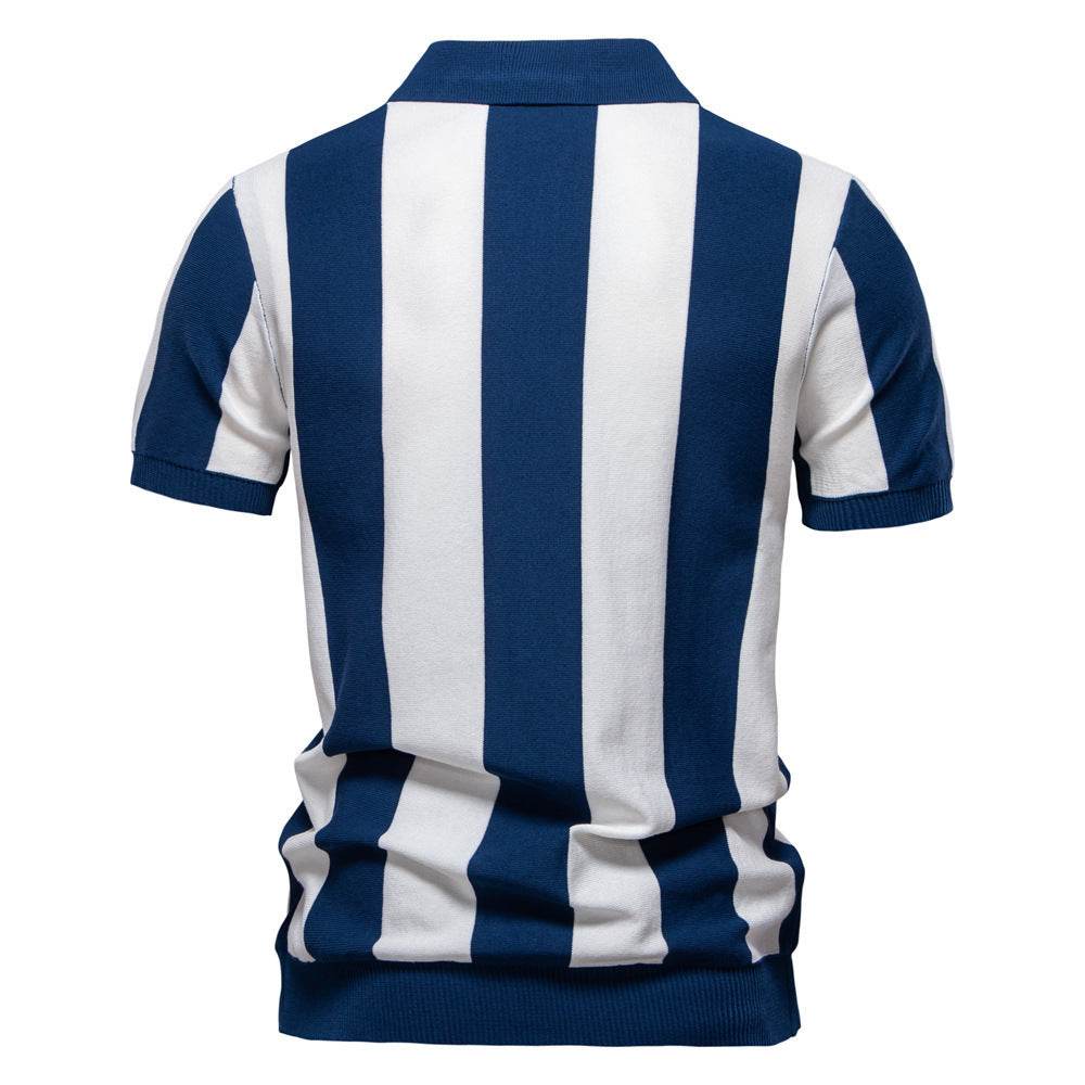 Men’s Short-Sleeved Woolen Polo Shirt - Striped Design in Dark Blue & Khaki - Buy Center US