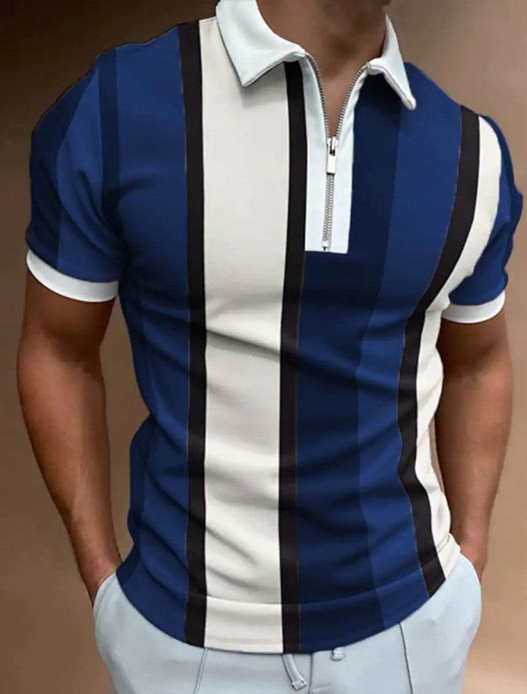 Men's Striped Short-Sleeved Polo Shirt - Slim Fit, Casual Cotton Blend - Buy Center US