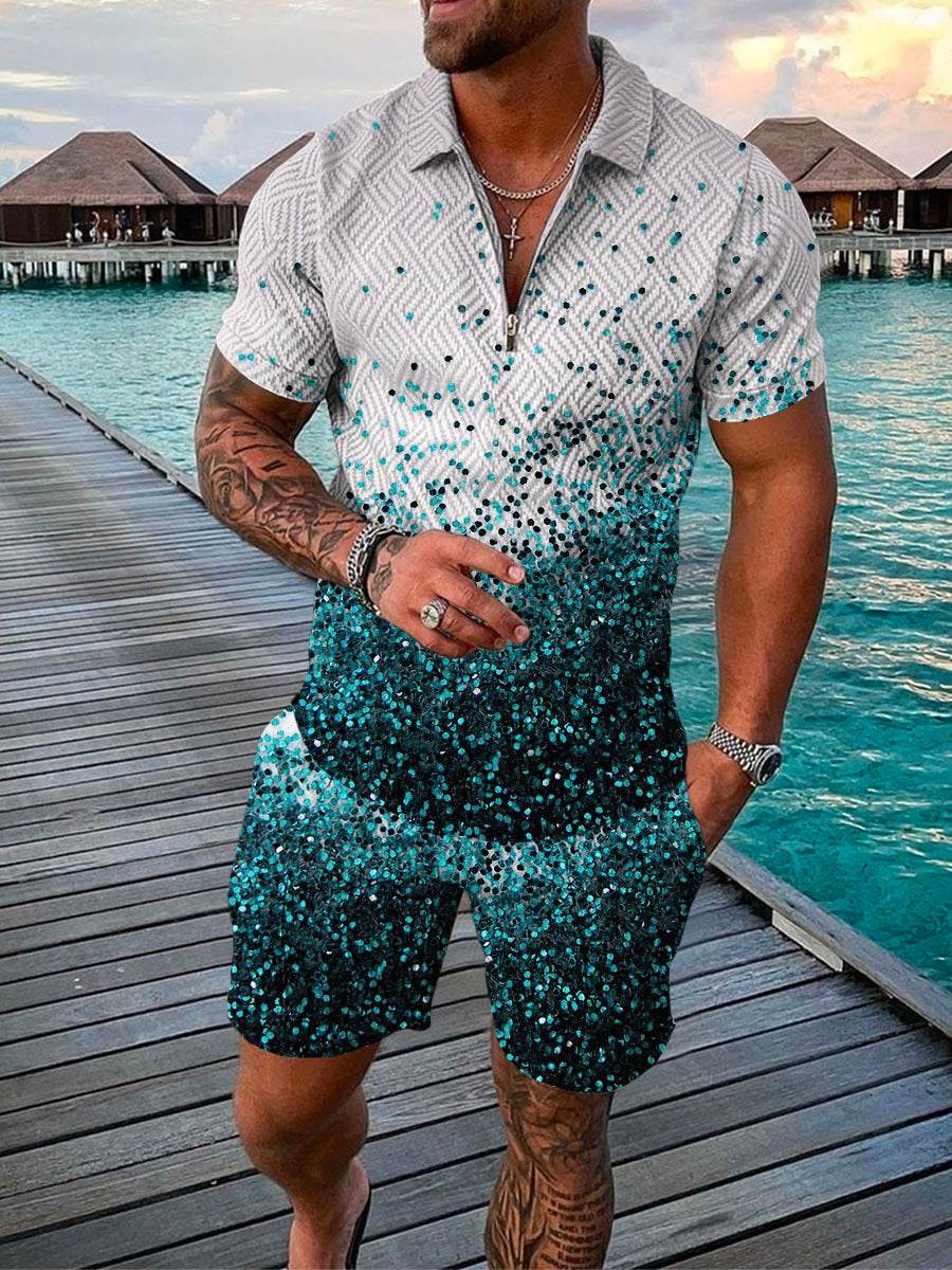 Men's Summer 3D Printed Geometric Shirt Set - Stylish Zip Lapel Design - Buy Center US