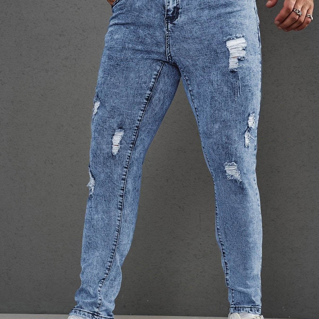 Men’s Slim Fit Distressed Jeans - Stretch Ripped Denim, Light Blue Casual Style - Buy Center US