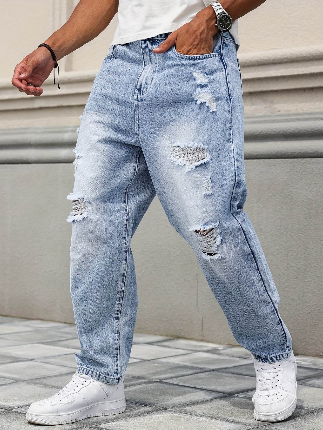 Men's Distressed Blue Denim Harem Pants - Loose Fit, Casual All-Season Wear - Buy Center US