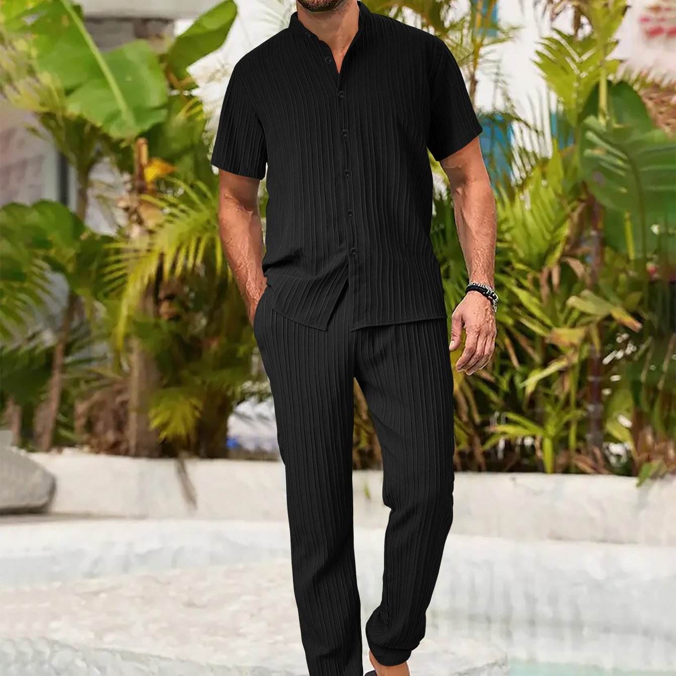 Men's Casual Spring/Summer Textured Stripe Short Sleeve Pants Set - Buy Center US