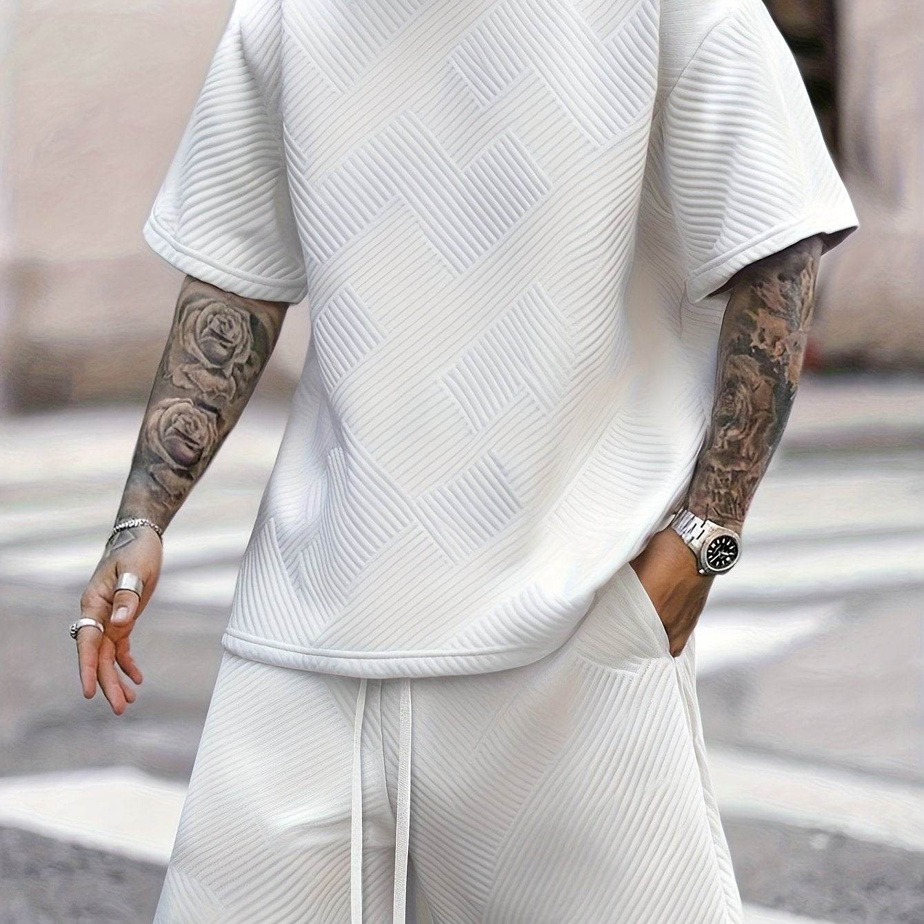 Trendy Summer Loose Men's Casual T-Shirt Set - Round Neck, Solid Color - Buy Center US