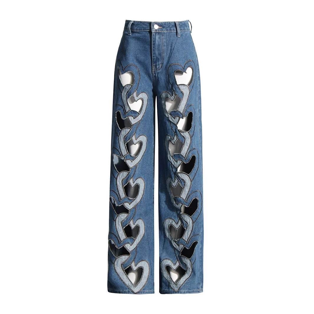 High Waist Hollow Heart Shape Wide Leg Jeans - Stylish Denim Trousers - Buy Center US