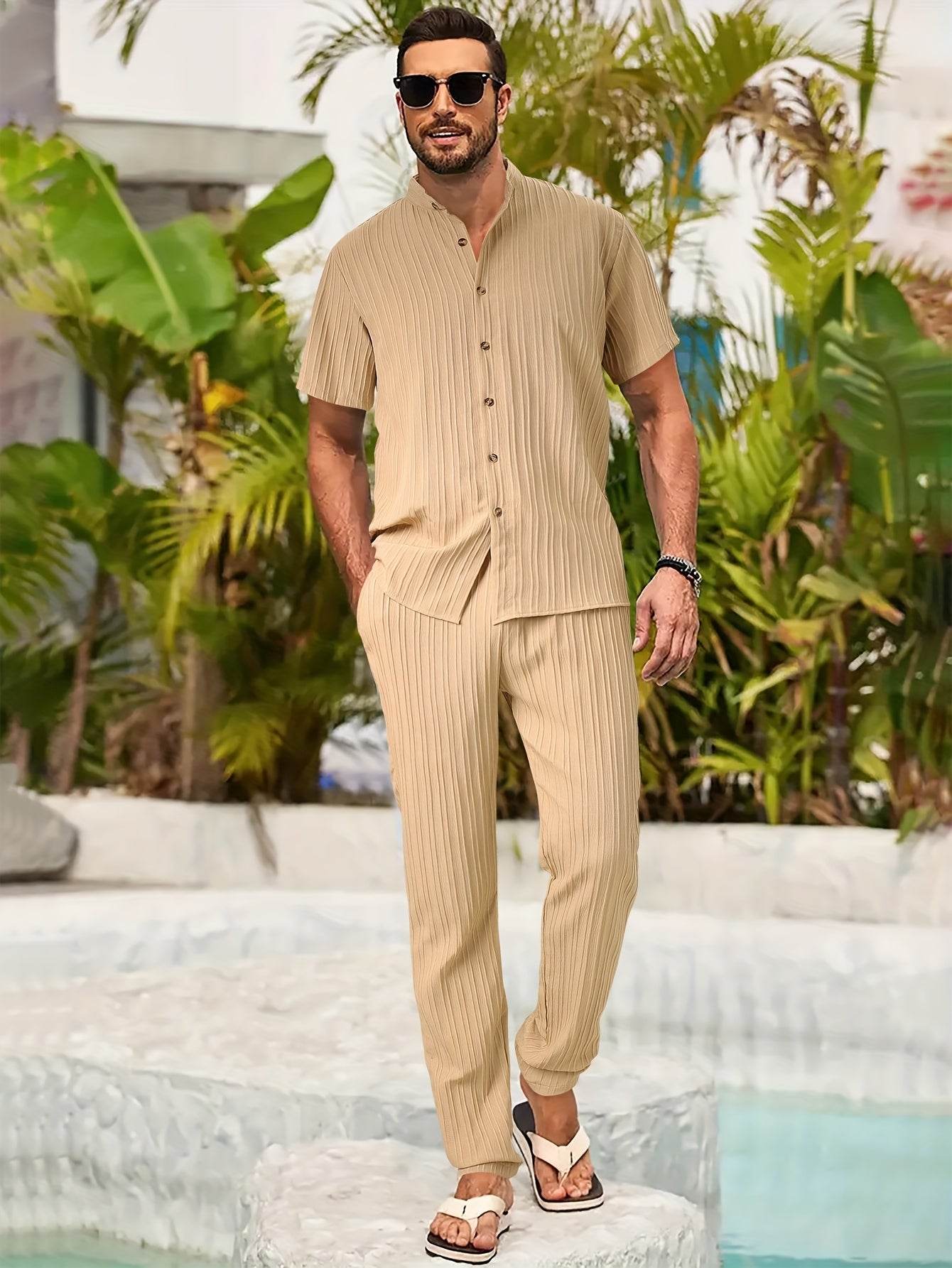 Men's Casual Spring/Summer Textured Stripe Short Sleeve Pants Set - Buy Center US