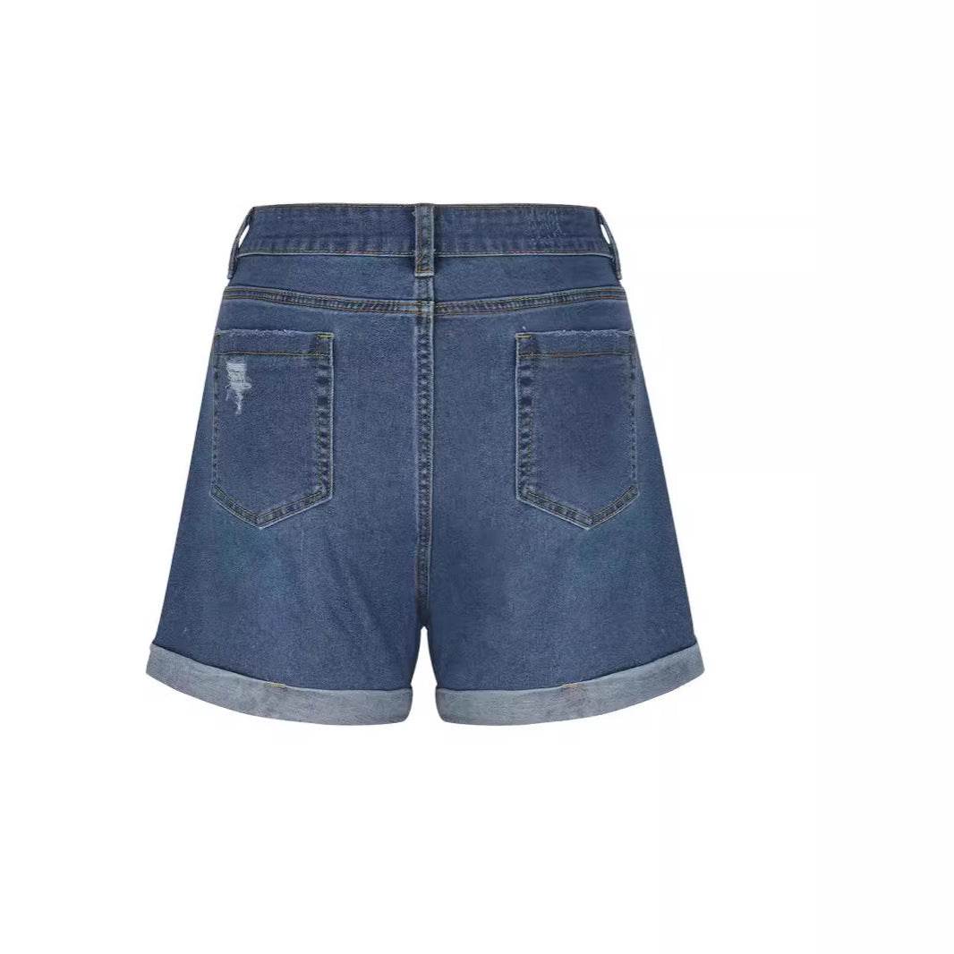 High Waist Straight Slim-fit Denim Shorts - Dark Blue, Medium Elastic - Buy Center US