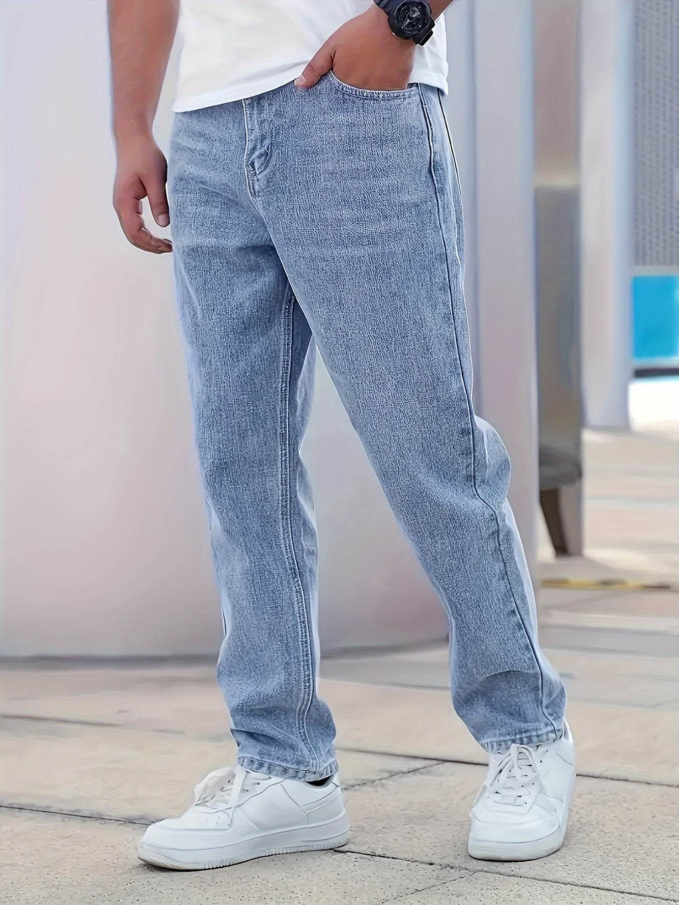 Men's Classic Washed Denim Jeans - Casual Cotton Blend for All Seasons - Buy Center US