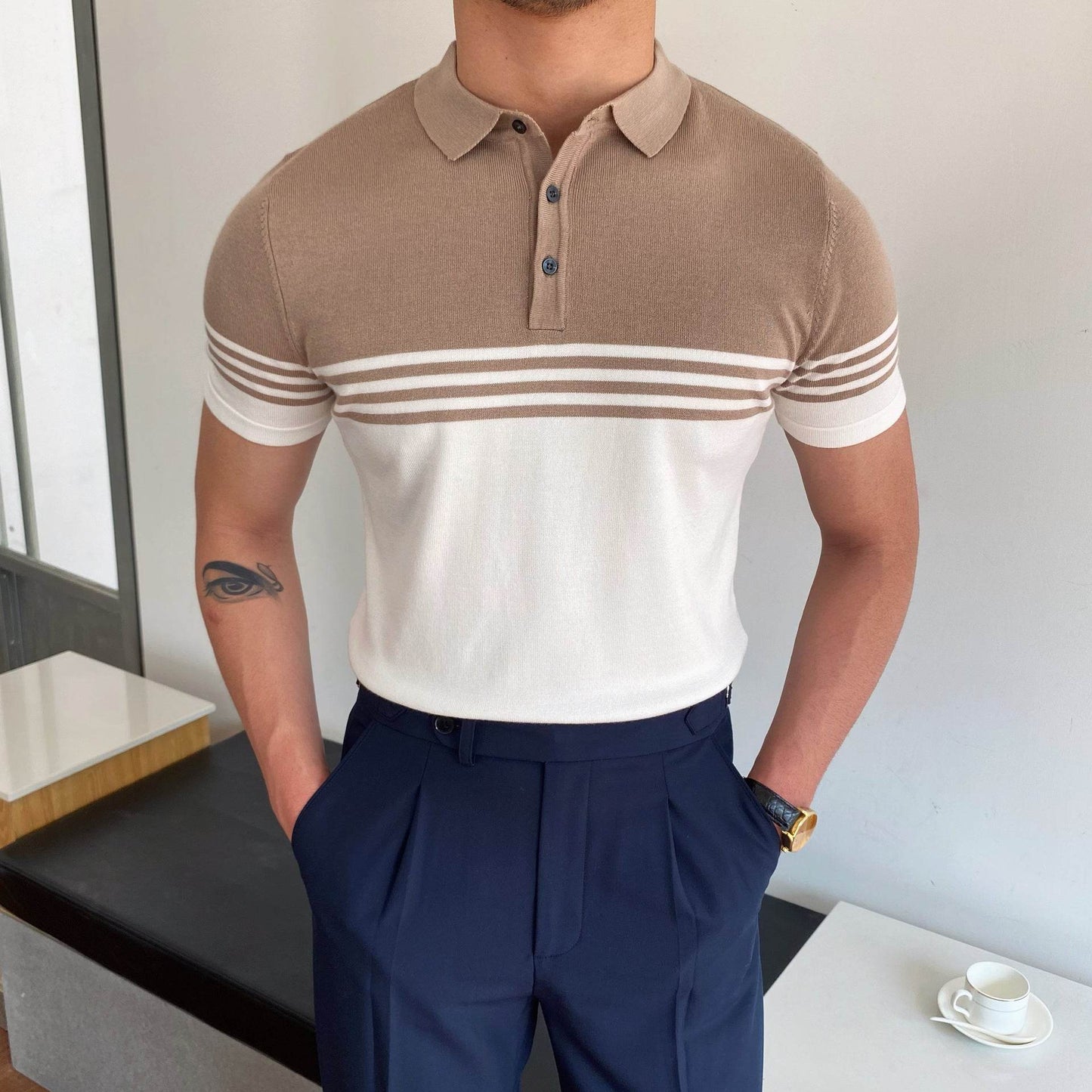 Casual Striped Short Sleeve Polo Shirt - Khaki, Black, or Dark Blue - Buy Center US
