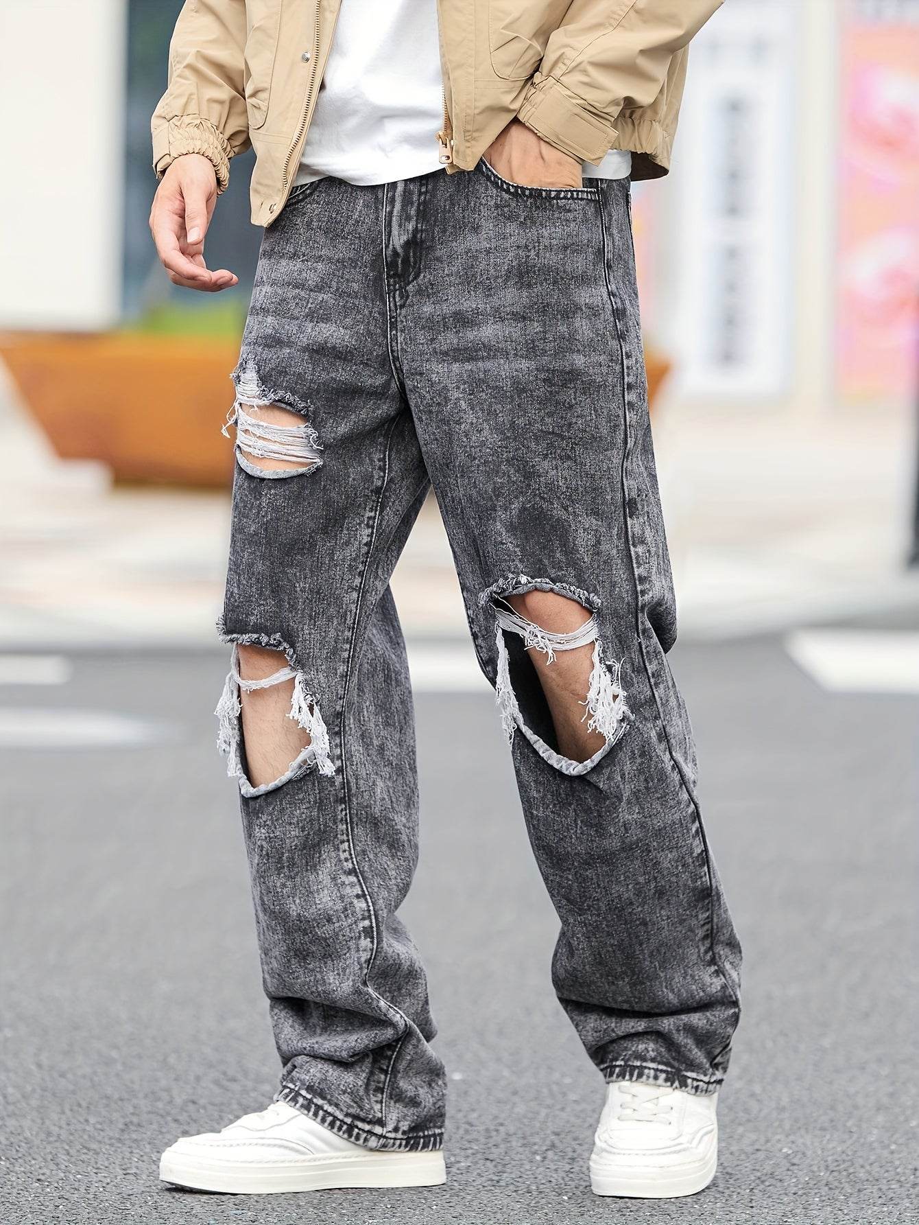Men's Casual Wide-Leg Denim Jeans - Dark Grey Ripped Trousers, All-Season - Buy Center US