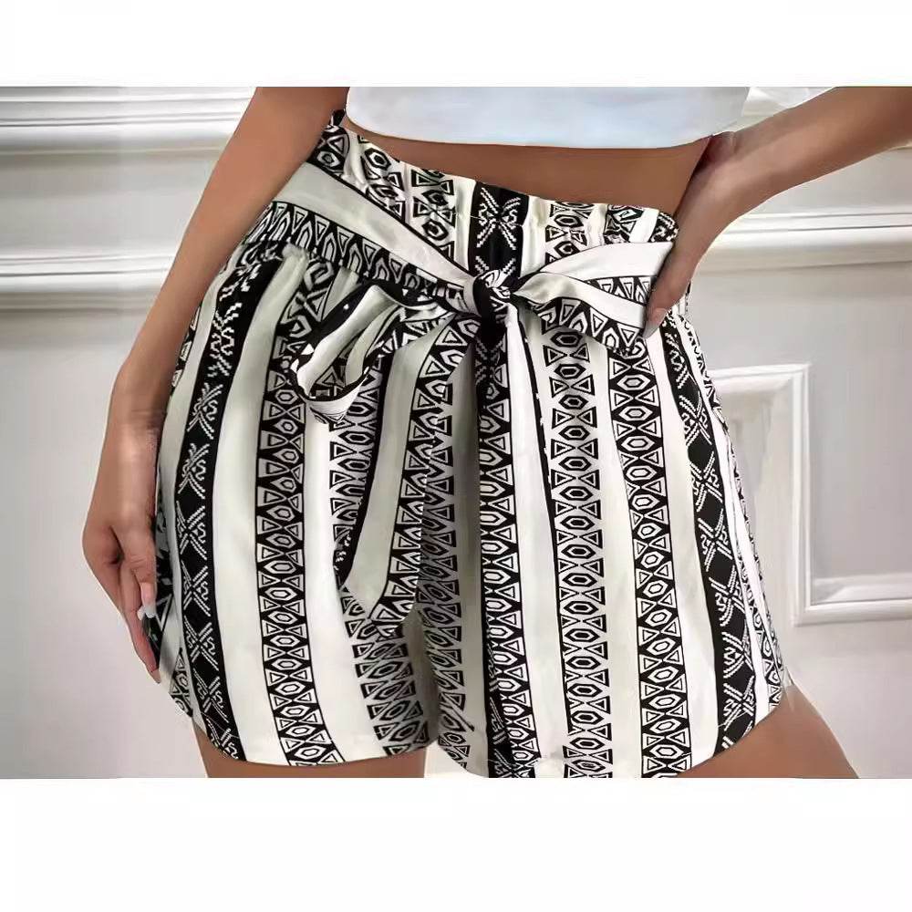 Printed Casual Shorts for Women - High Waist Commuter Style, Belted Design - Buy Center US