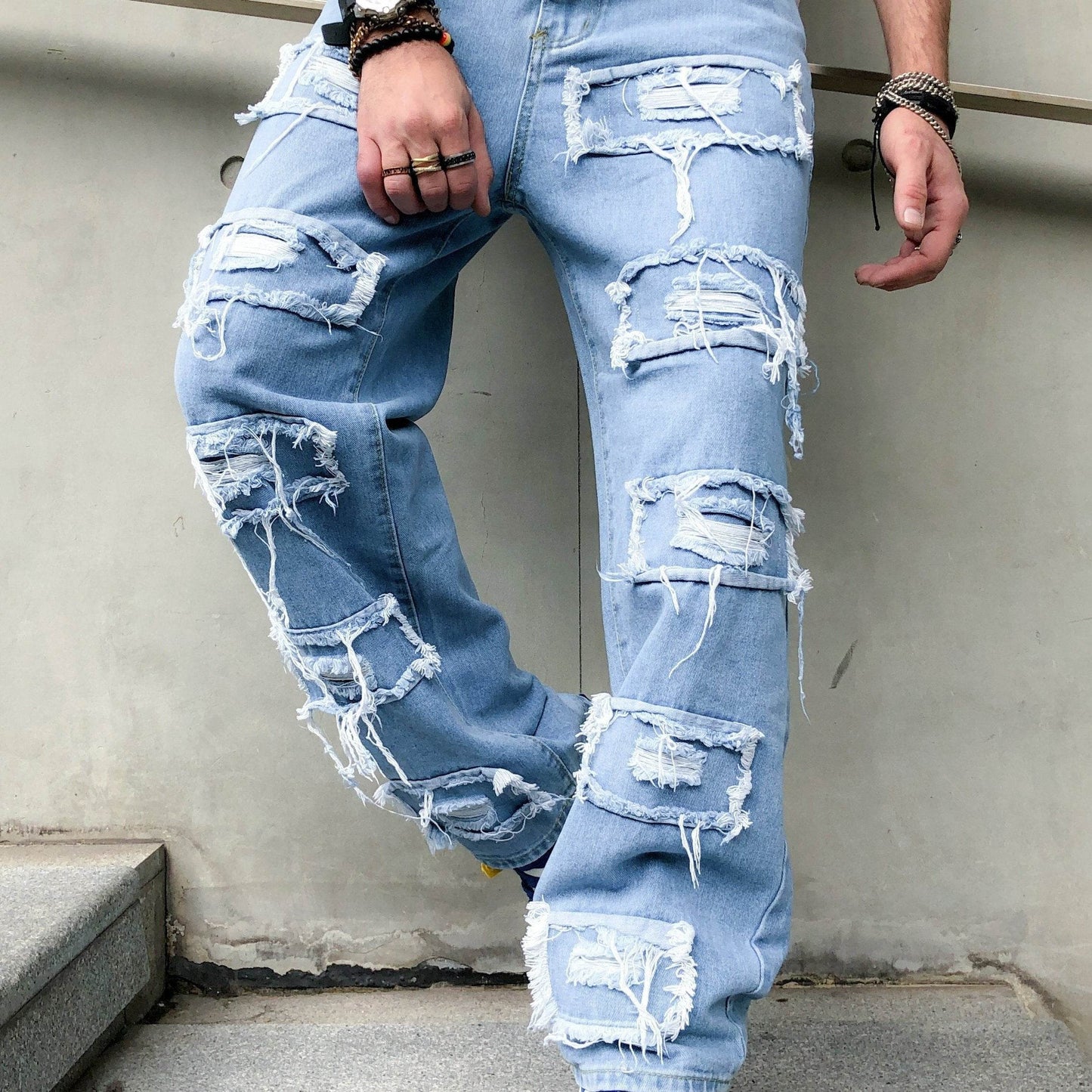 Men's Distressed Skinny Fit Jeans - Light Blue All-Season Casual Denim - Buy Center US