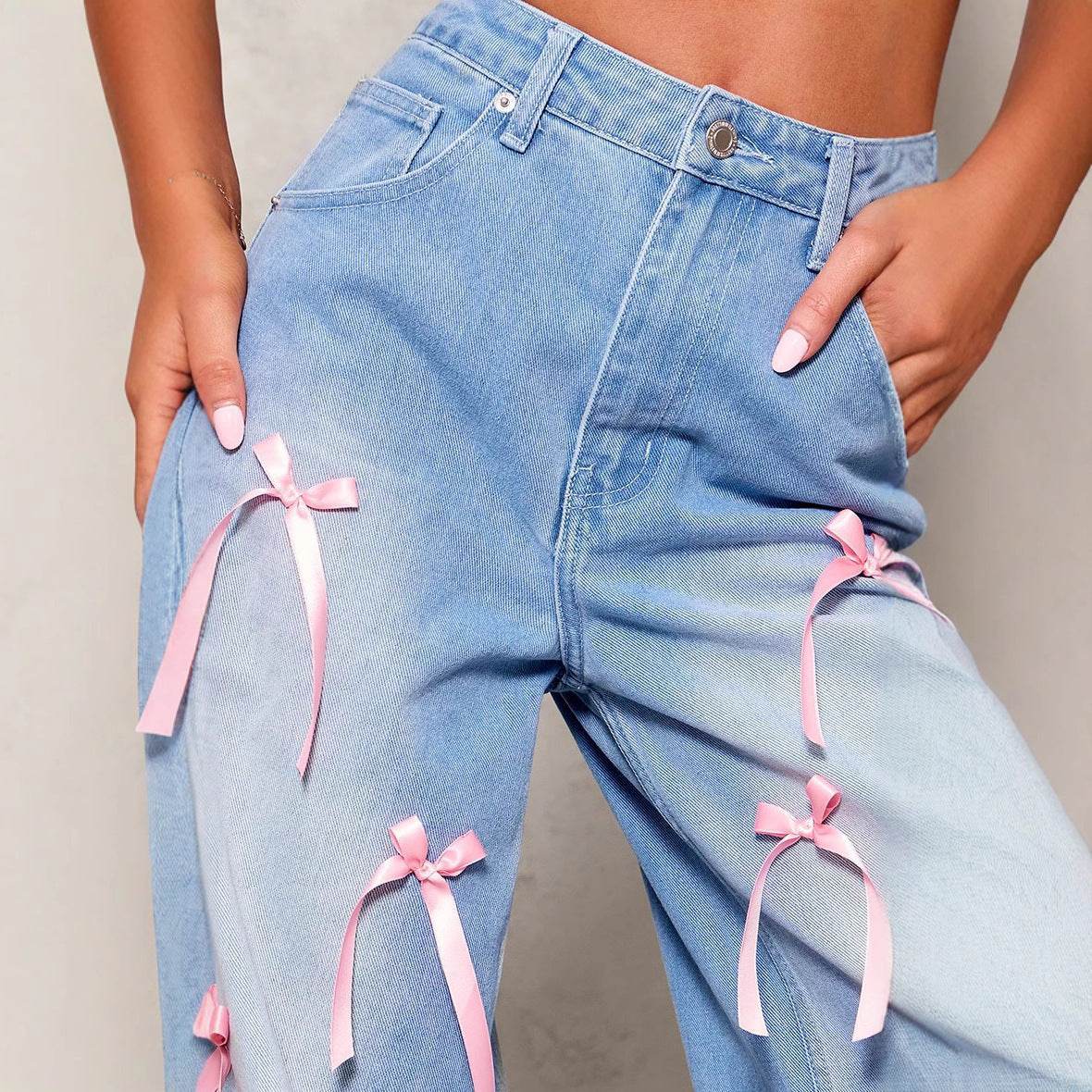 High Waist Wide Leg Jeans - Chic Bow Detail, Stylish Denim Trousers - Buy Center US