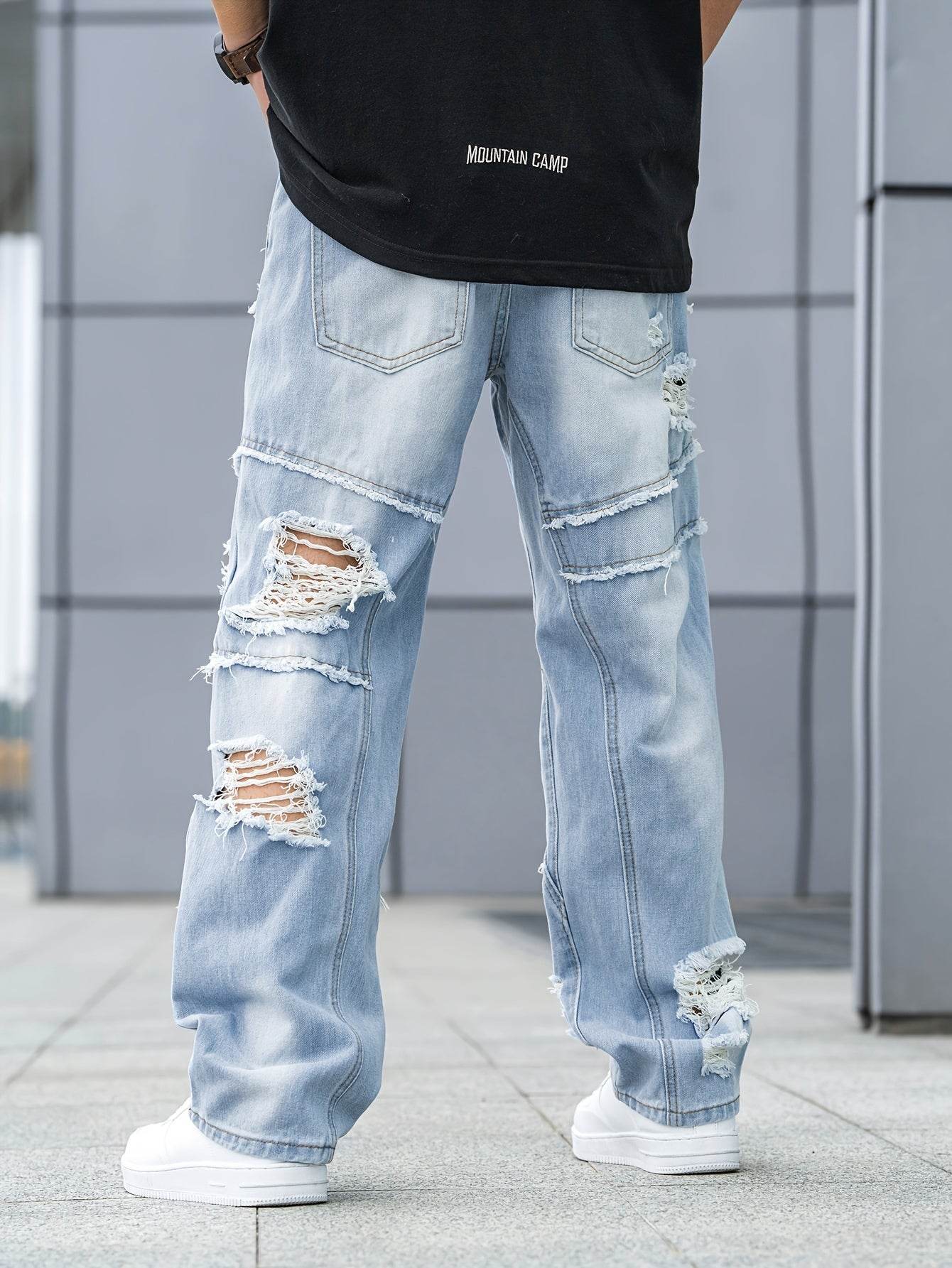 Urban Chic Men's Ripped Jeans - Loose Fit Wide Leg Design for Casual Wear - Buy Center US