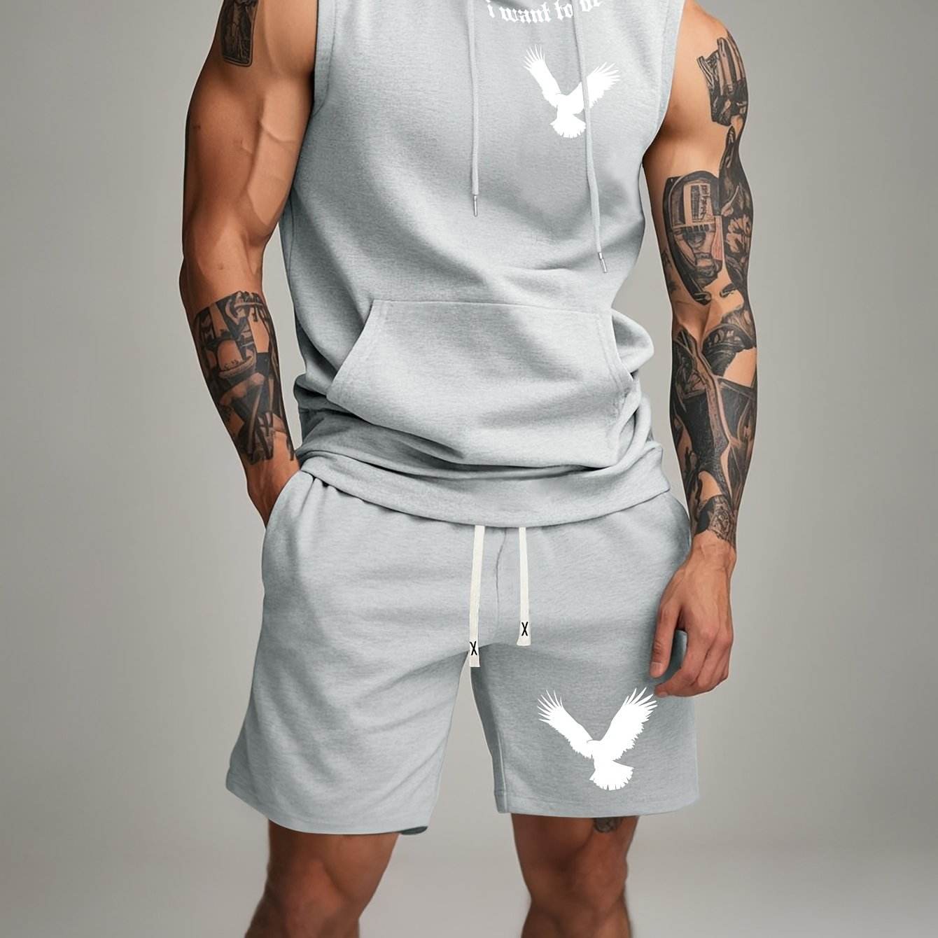Black Sleeveless Hoodie & Shorts Set - White Bird Print, Casual Outdoor Wear - Buy Center US