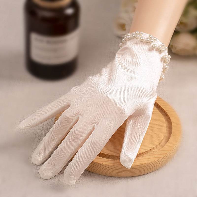 White Satin Short Gloves with Lace & Pearl - Elegant Fashion Accessory - Buy Center US