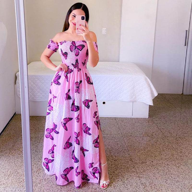 Off-Shoulder Printed Butterfly Dress - Rainbow Colors & Swing Style - Buy Center US