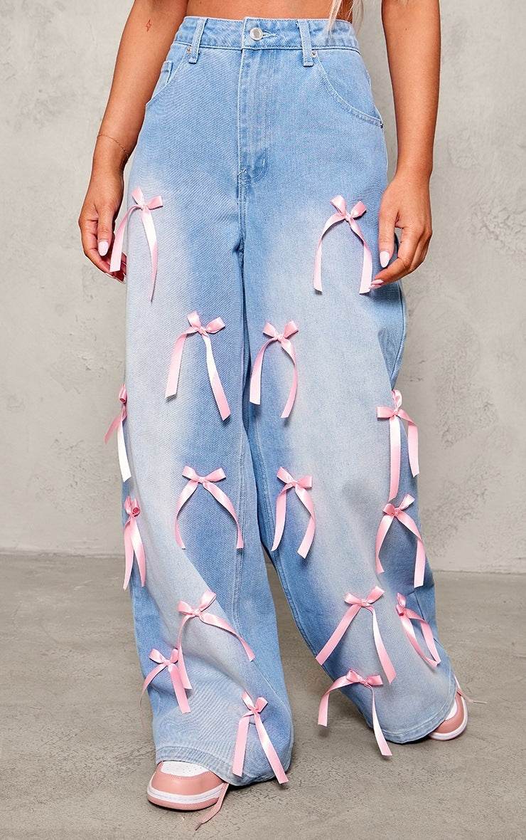 High Waist Wide Leg Jeans - Chic Bow Detail, Stylish Denim Trousers - Buy Center US