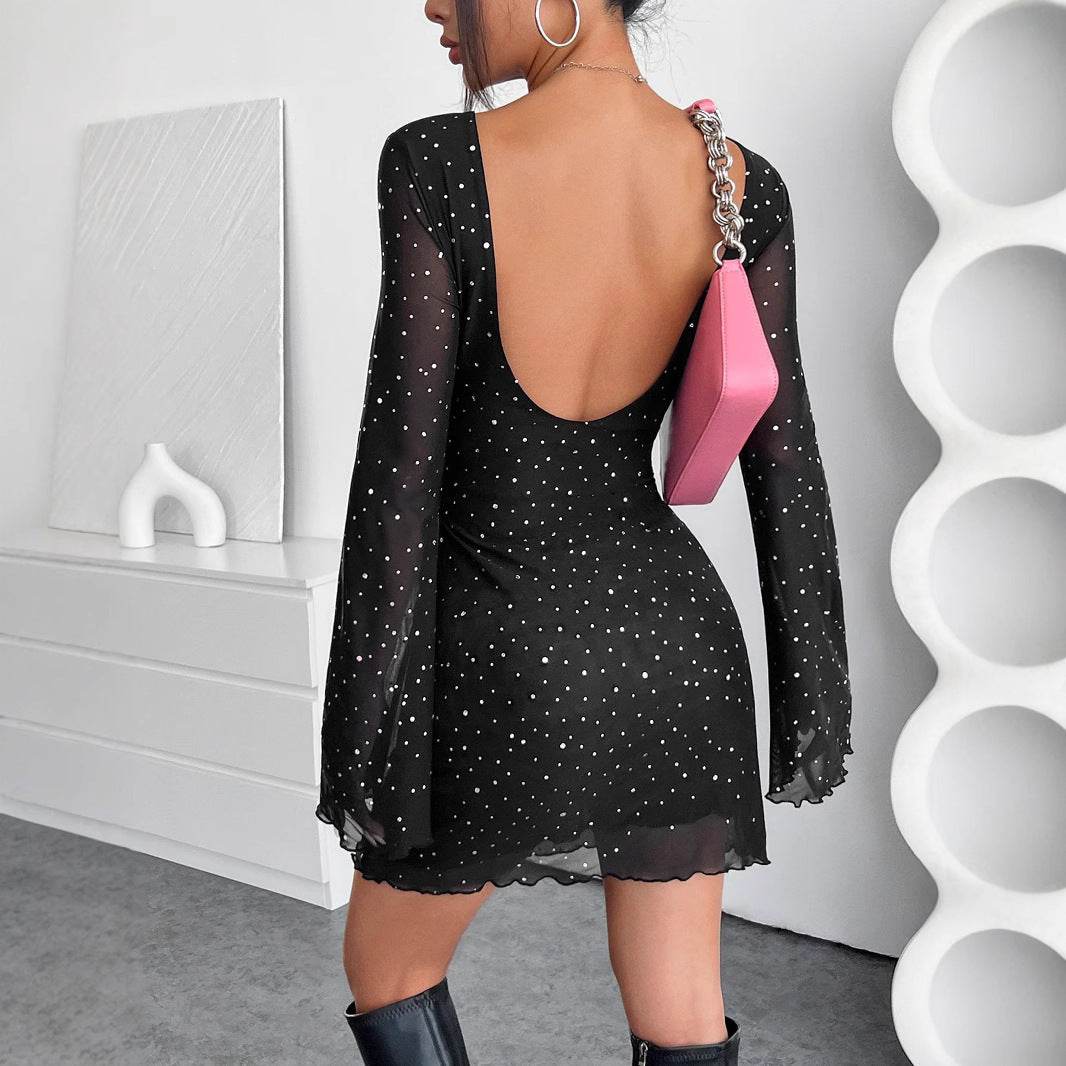 Elegant Black Mesh Sequins Backless Dress - Slim Fit, Long Sleeve Style - Buy Center US