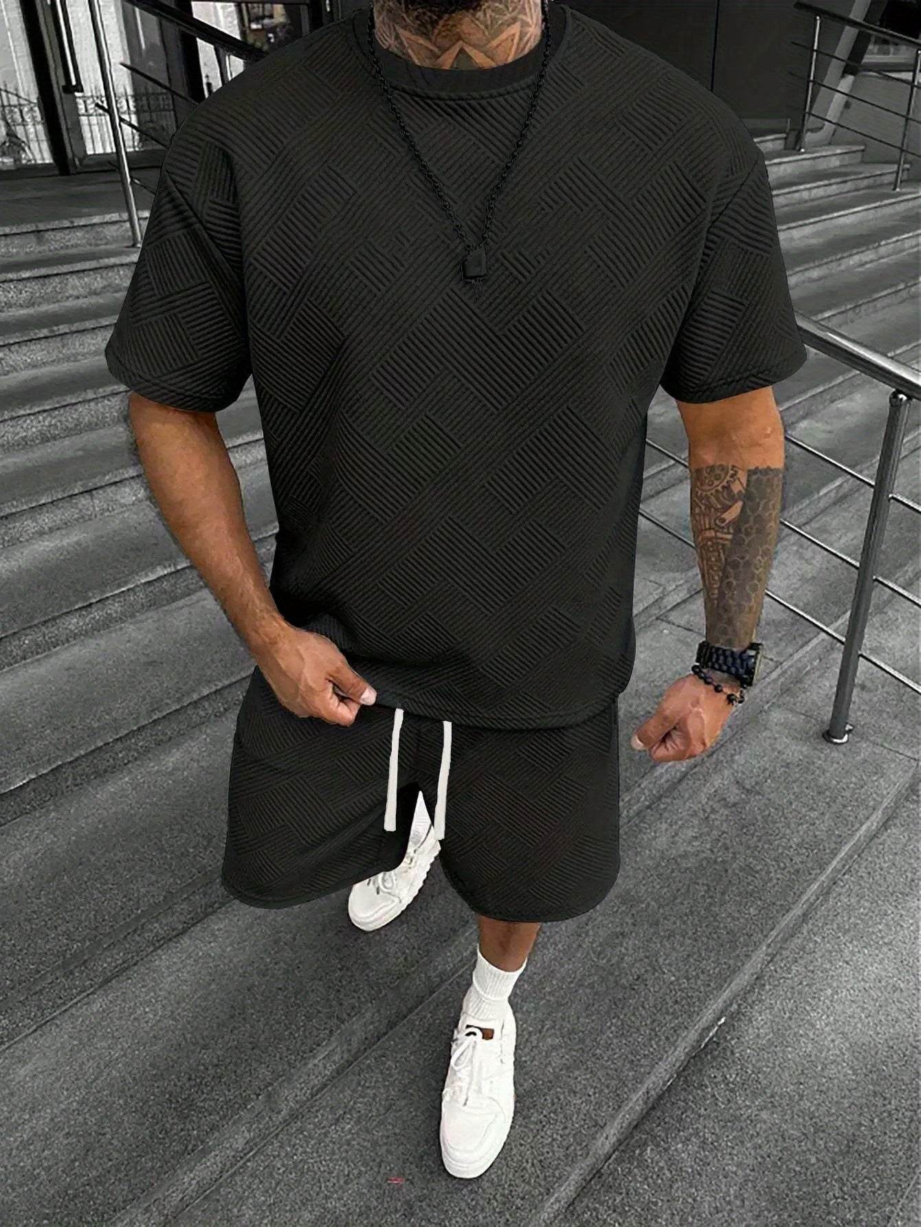 Men's Summer Houndstooth Knitted T-Shirt & Shorts Set - Casual Sports Outfit - Buy Center US