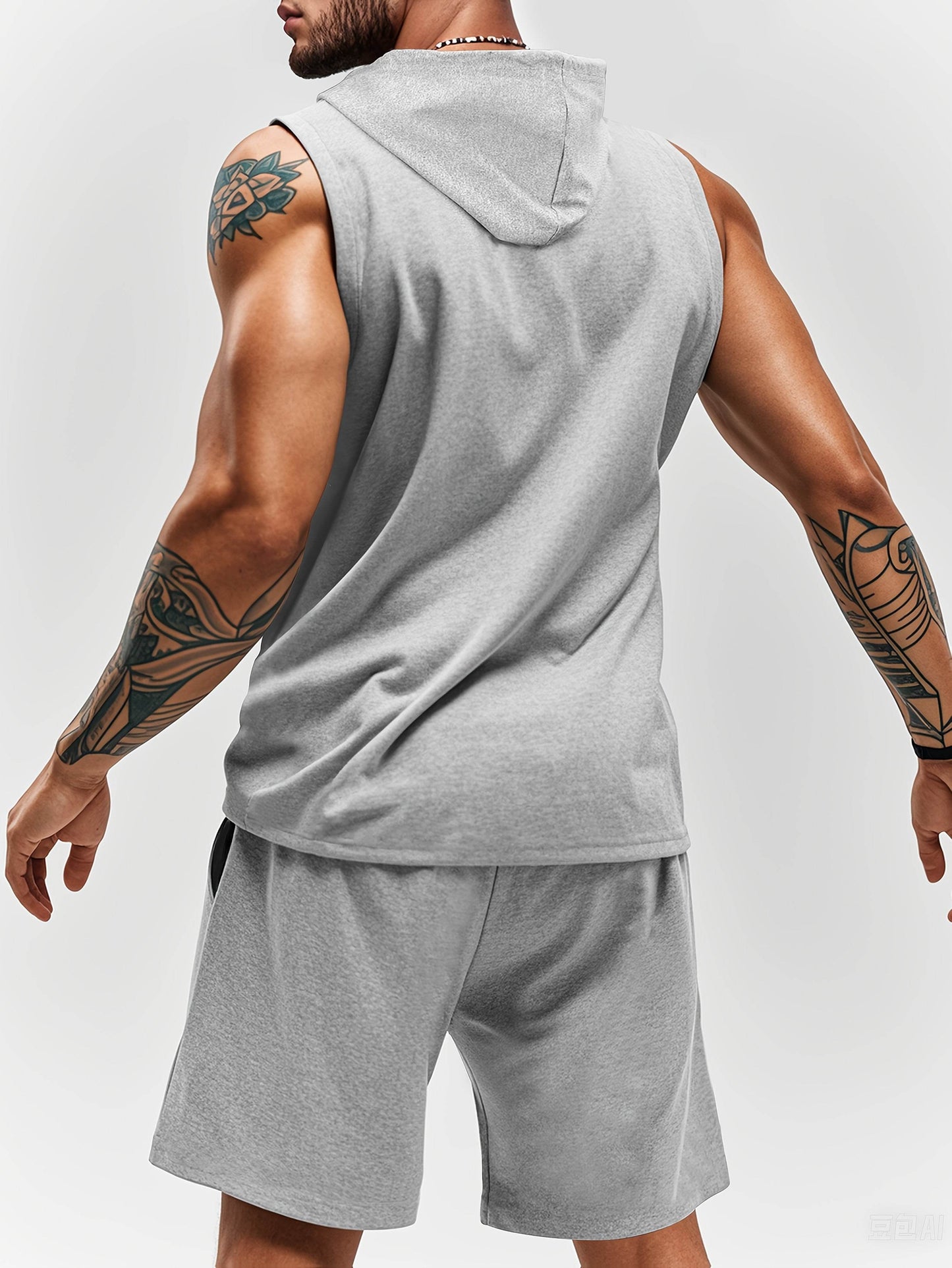 Black Sleeveless Hoodie & Shorts Set - White Bird Print, Casual Outdoor Wear - Buy Center US