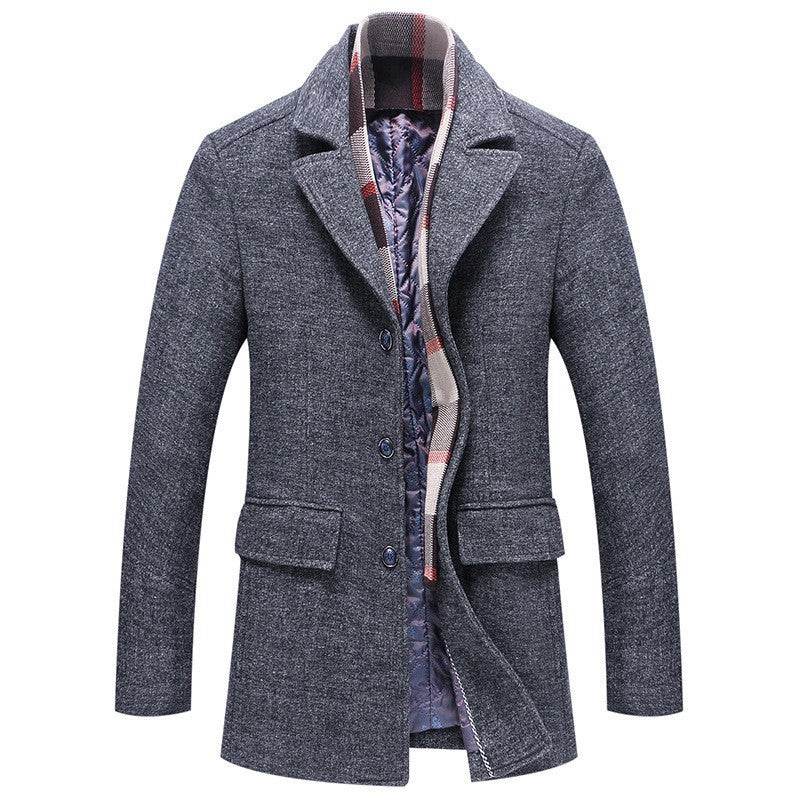 Buycenter Men's Woolen Coat with Polo Collar & Cotton Scarf - Fall Winter Style - Buy Center US