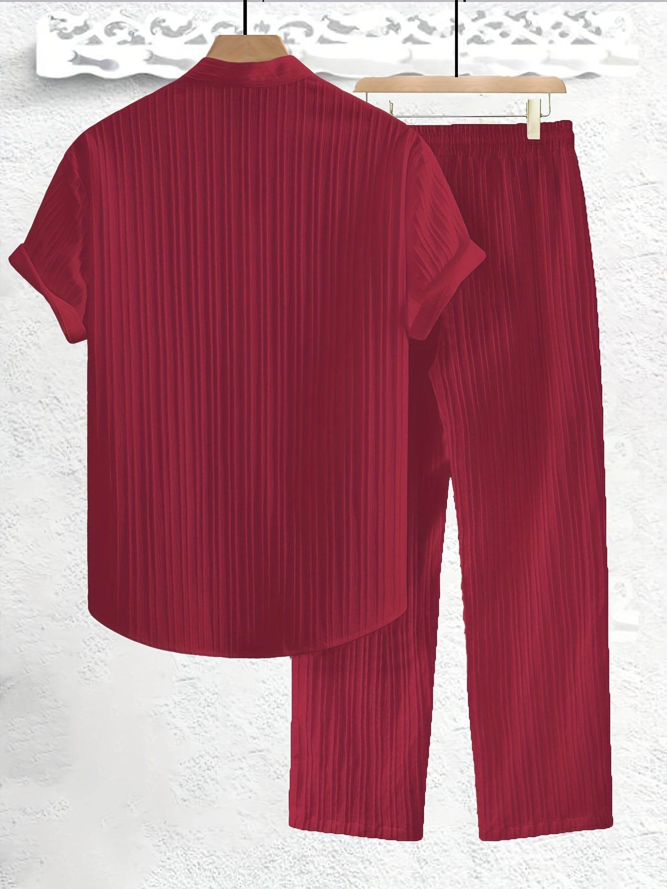Men's Casual Summer Co-ord Set - Short Sleeve Shirt & Pants, Solid Color - Buy Center US
