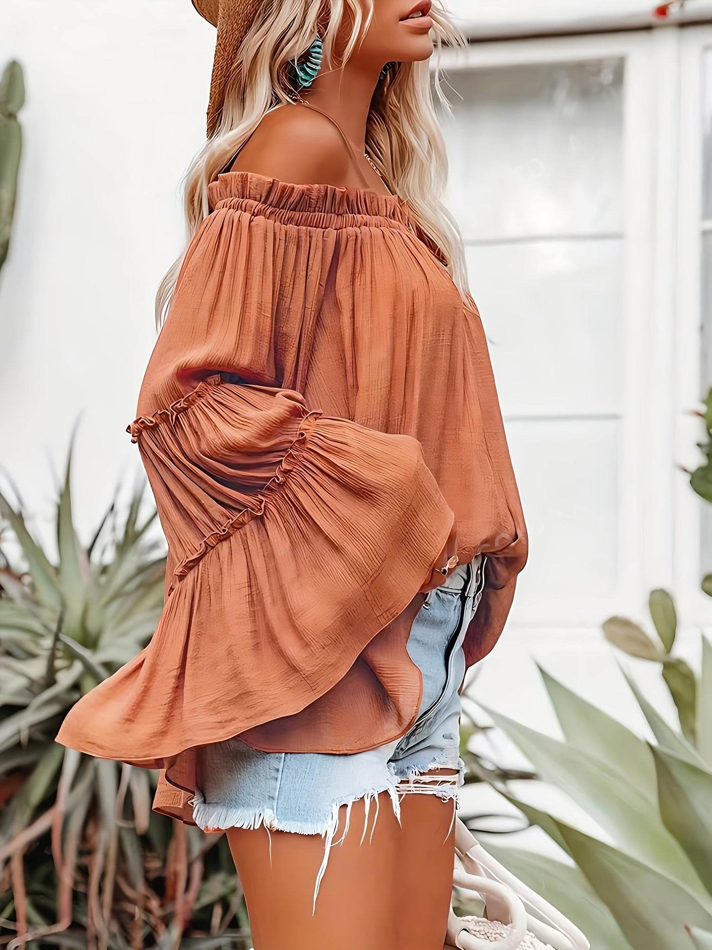 Elegant Women's One Shoulder Flared Sleeve Shirt - Solid Color Casual Wear - Buy Center US