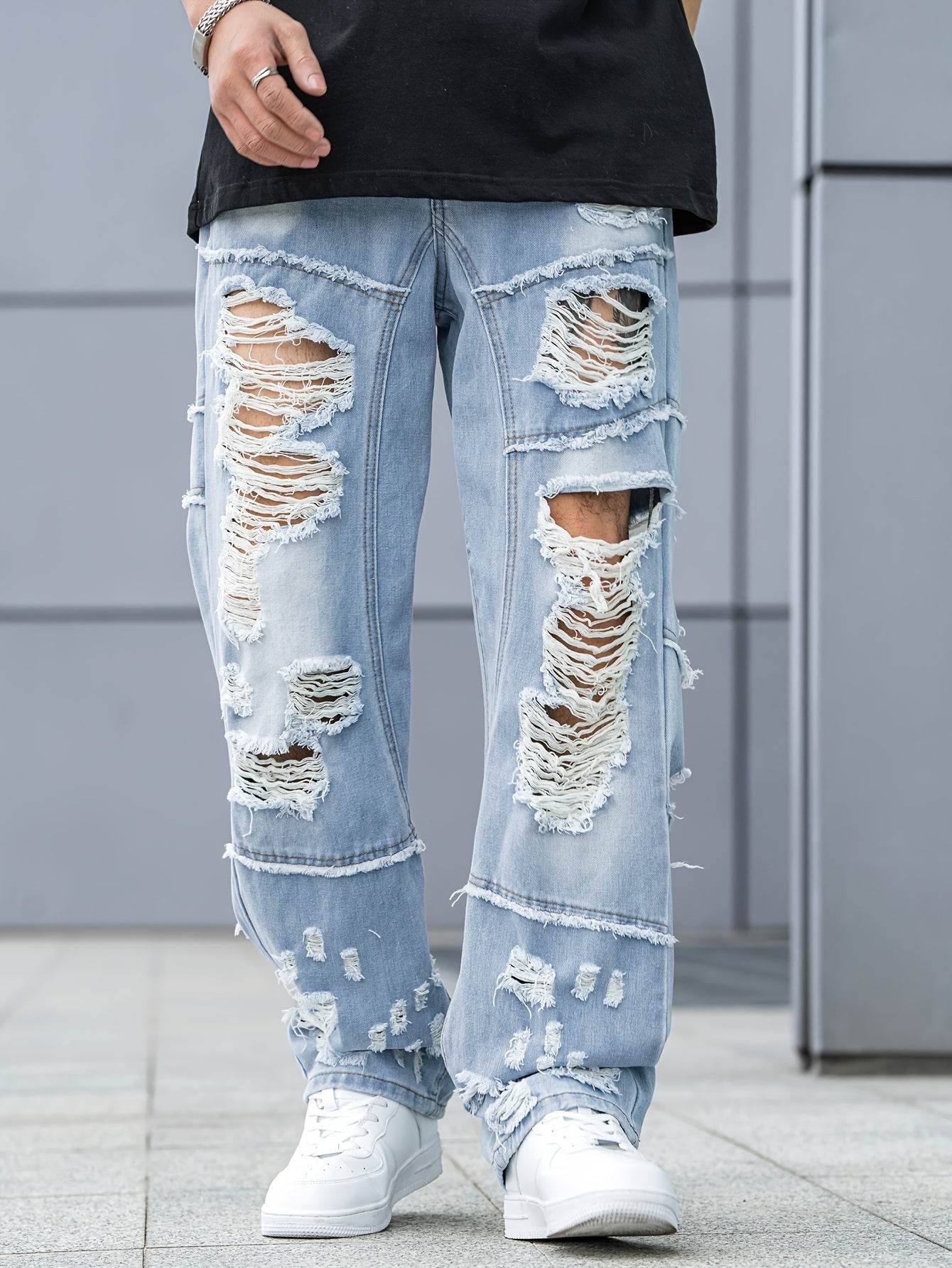 Urban Chic Men's Ripped Jeans - Loose Fit Wide Leg Design for Casual Wear - Buy Center US