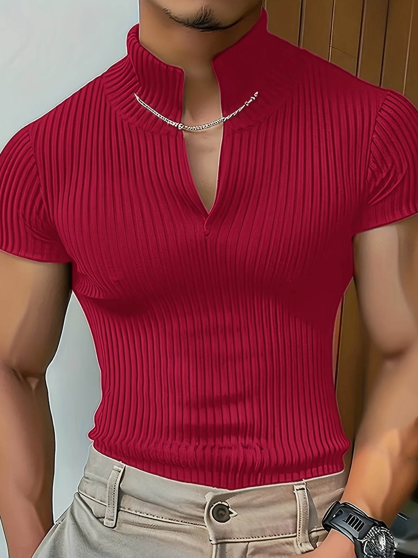 Men's Red V-Neck Striped Athletic Shirt - Slim Fit Short Sleeve Top - Buy Center US