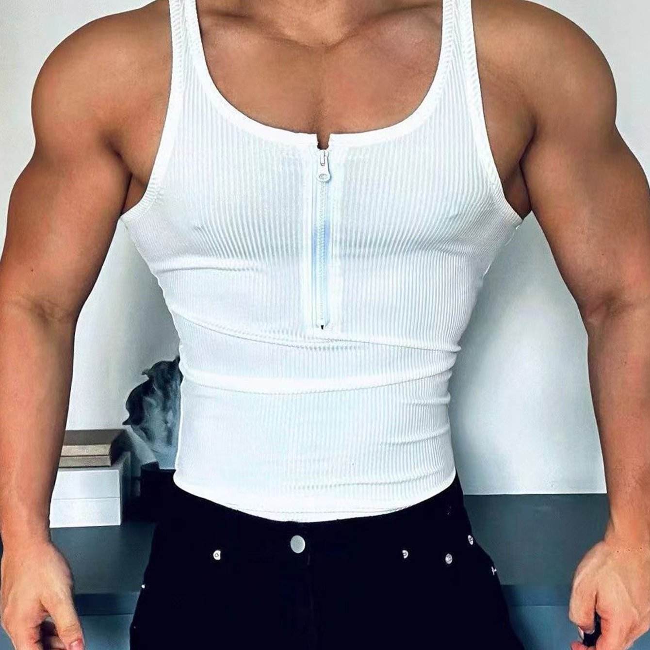 Men's Ribbed Zip-Up Tank Top - Breathable Activewear for Gym & Running - Buy Center US