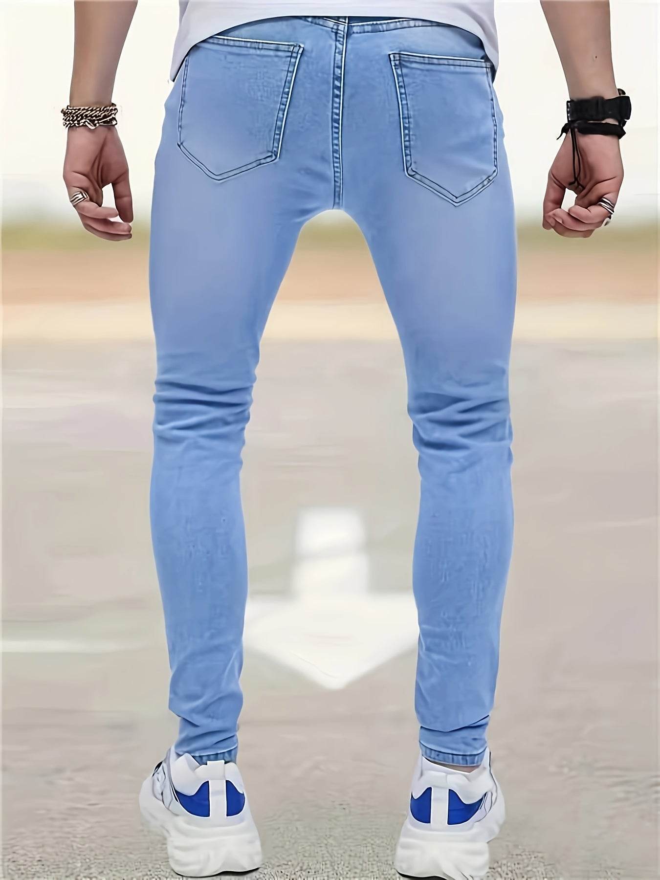 Men's Slim Fit Light Blue Washed Jeans - Stretch Denim for Spring/Fall - Buy Center US