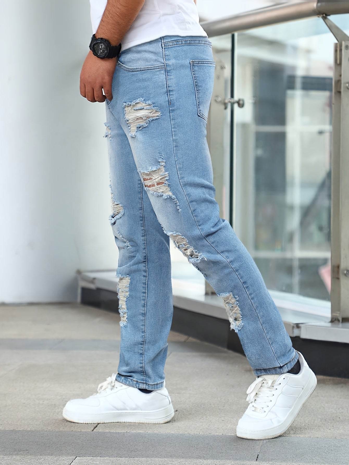 Gengyuanshi Men's Ripped Jeans - Slim Fit Street Style, Machine Washable - Buy Center US