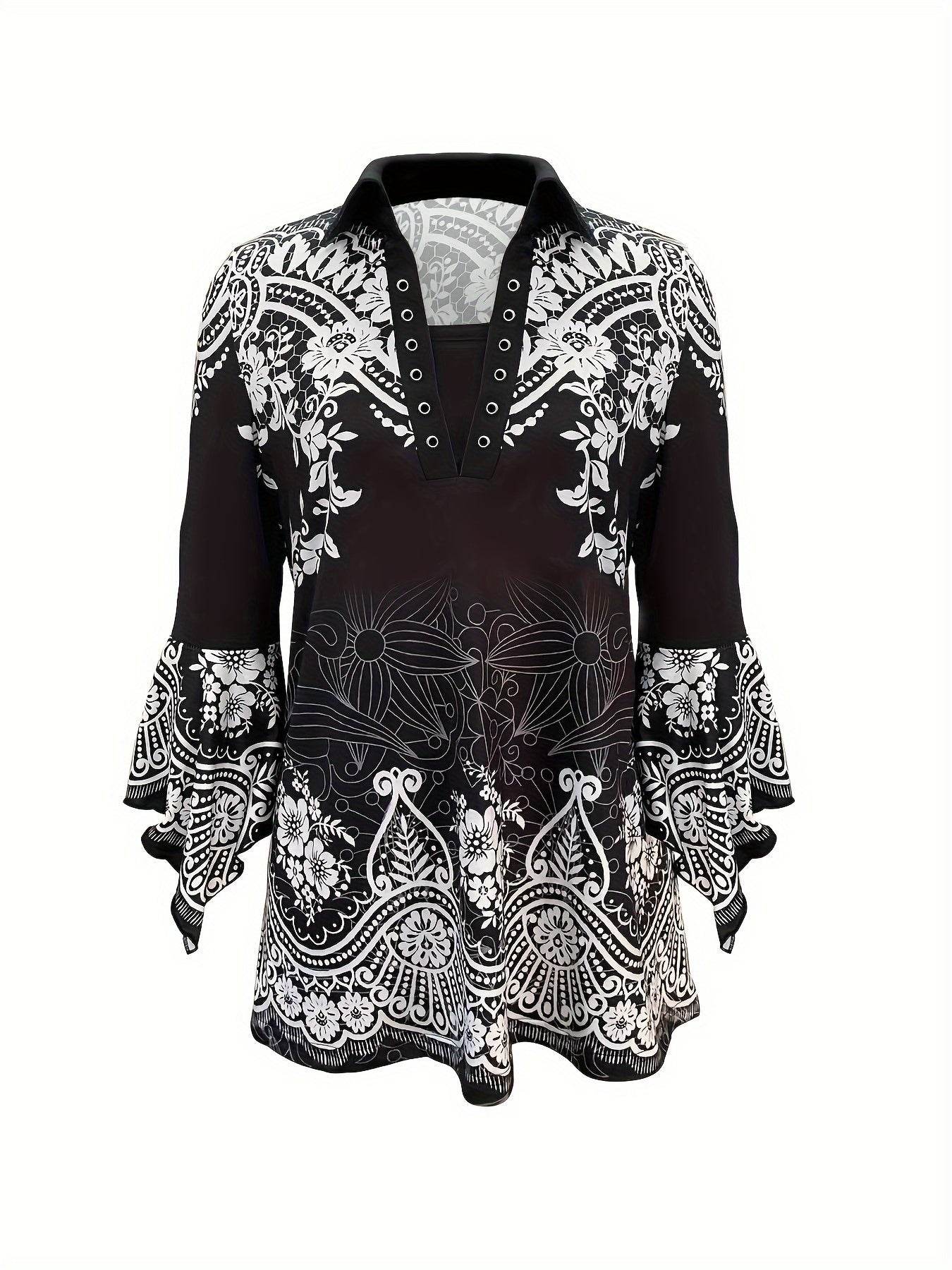 Spring Autumn Printed Lapel T-Shirt - Three-Quarter Sleeve Design - Buy Center US
