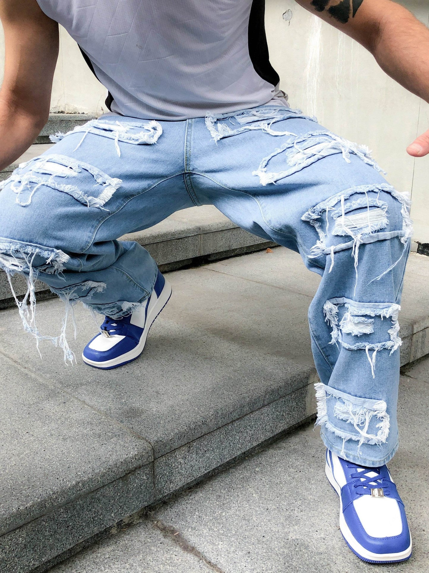 Men's Distressed Skinny Fit Jeans - Light Blue All-Season Casual Denim - Buy Center US