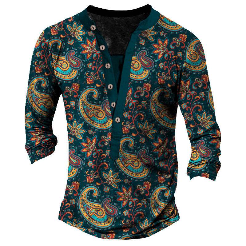 Printed Retro Fashion Casual Henry Neck T-shirt - Long Sleeves, Comfortable Fit - Buy Center US