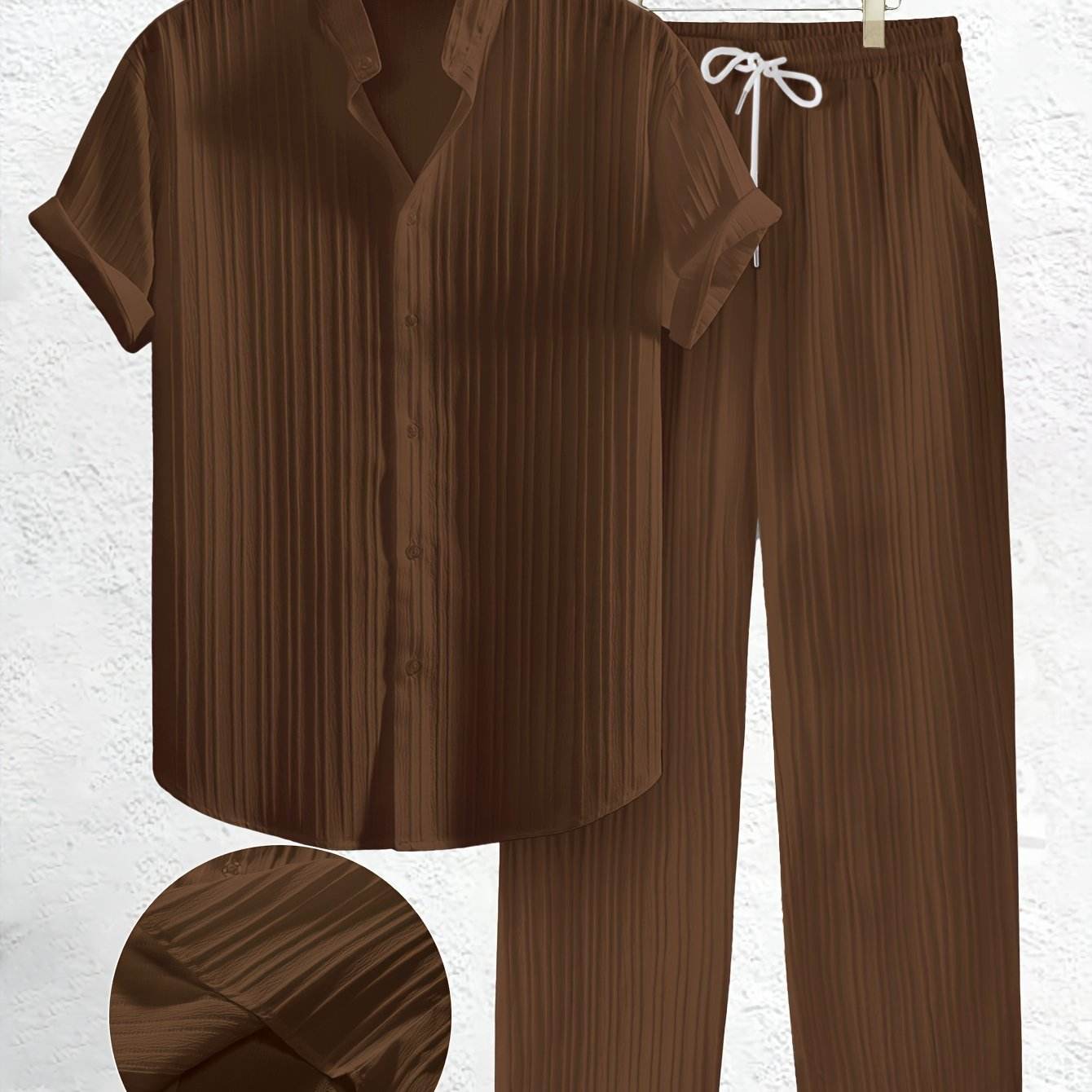 Men's Casual Summer Co-ord Set - Short Sleeve Shirt & Pants, Solid Color - Buy Center US
