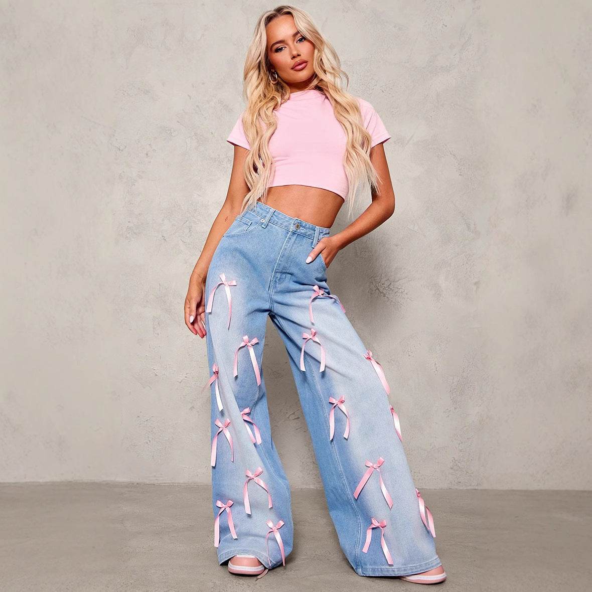 High Waist Wide Leg Jeans - Chic Bow Detail, Stylish Denim Trousers - Buy Center US