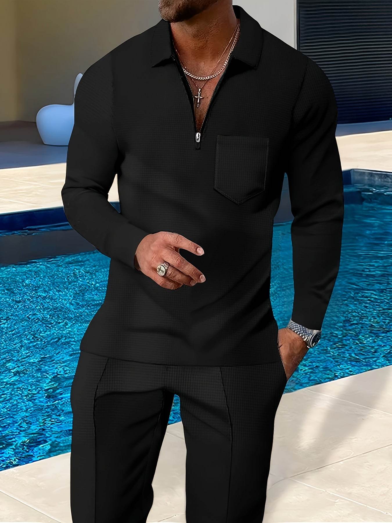 Men's Casual Long-Sleeve Pantsuit - Zipper Detail, Regular Fit, Polyester - Buy Center US