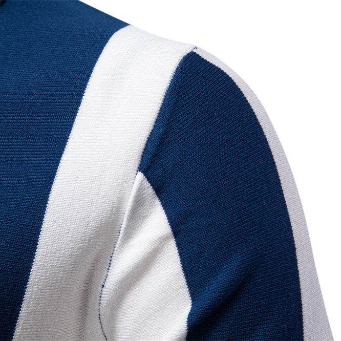 Men’s Short-Sleeved Woolen Polo Shirt - Striped Design in Dark Blue & Khaki - Buy Center US
