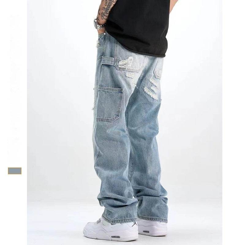 Washed & Frayed Ripped Jeans for Men - Casual Light Blue Retro Style - Buy Center US
