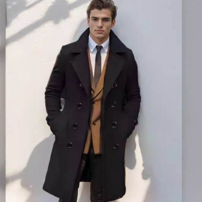 Buycenter Men's Slim-fit Woolen Coat - Double-Breasted Mid-Length Style - Buy Center US