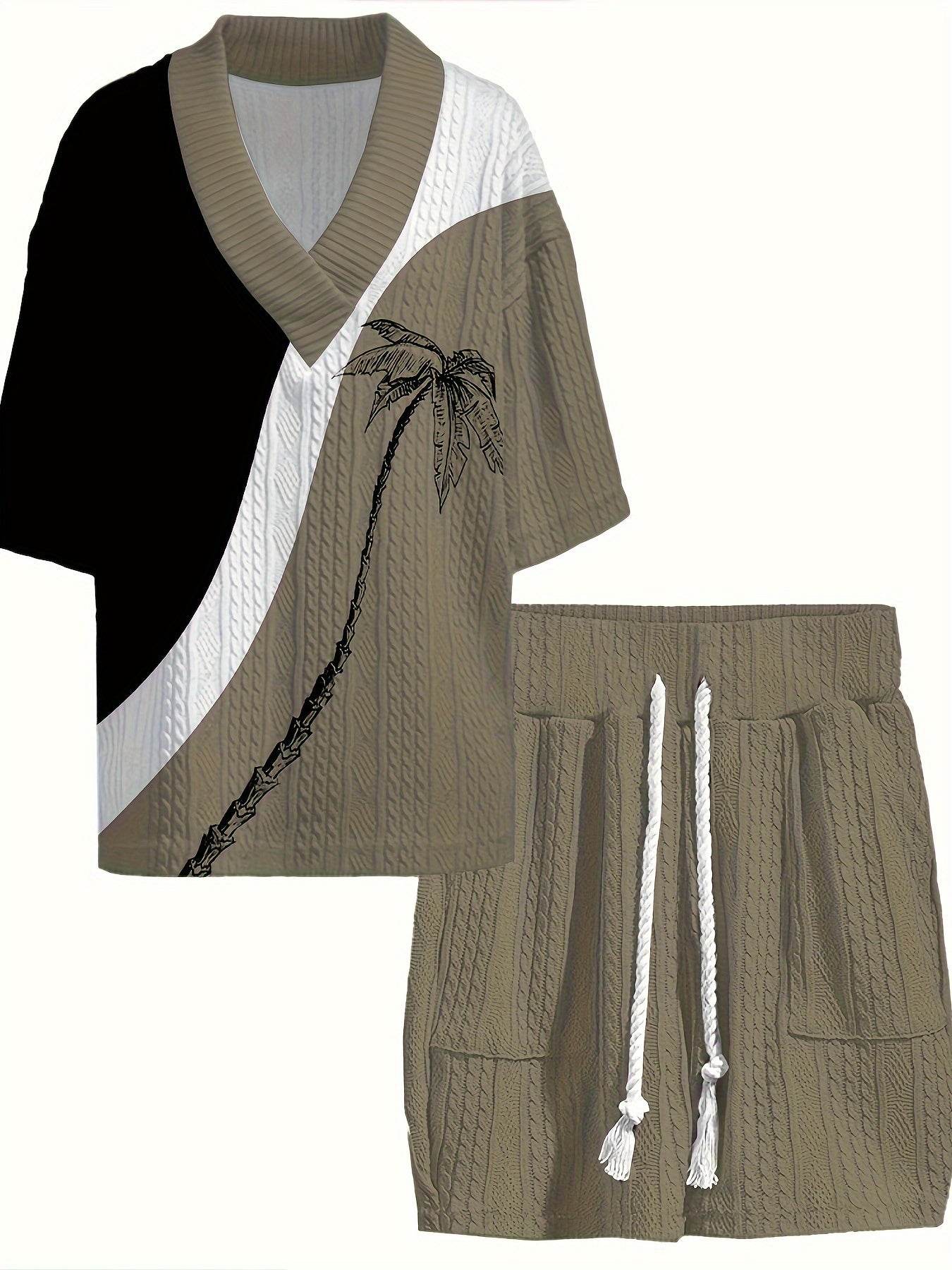 Men's Casual Knit Sweater Set - V-Neck & Drawstring Shorts in Black/Olive - Buy Center US