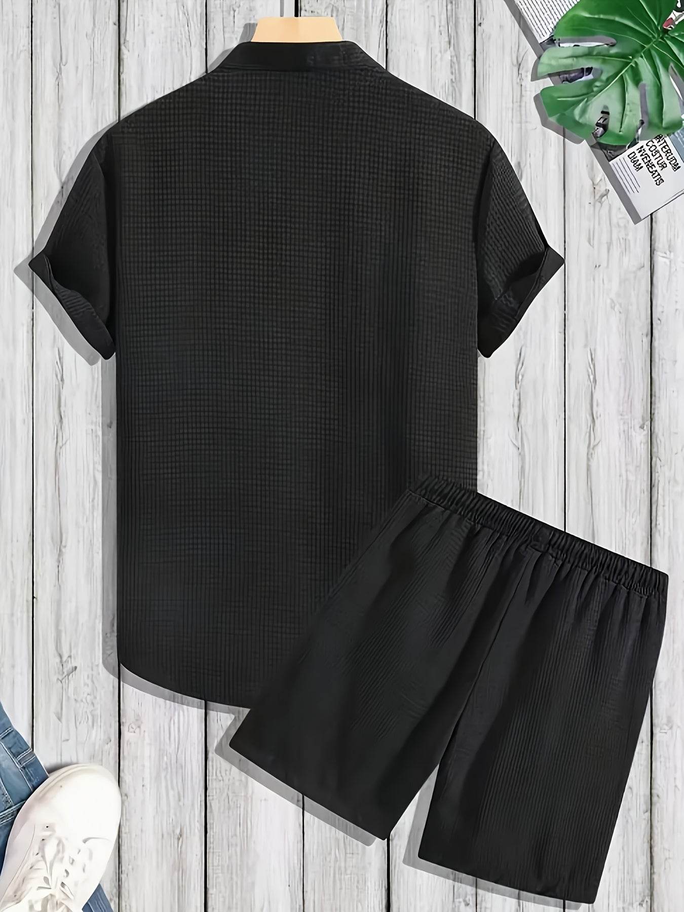 Men's Solid Color Jacquard Shirt & Drawstring Shorts Set - Casual Style - Buy Center US