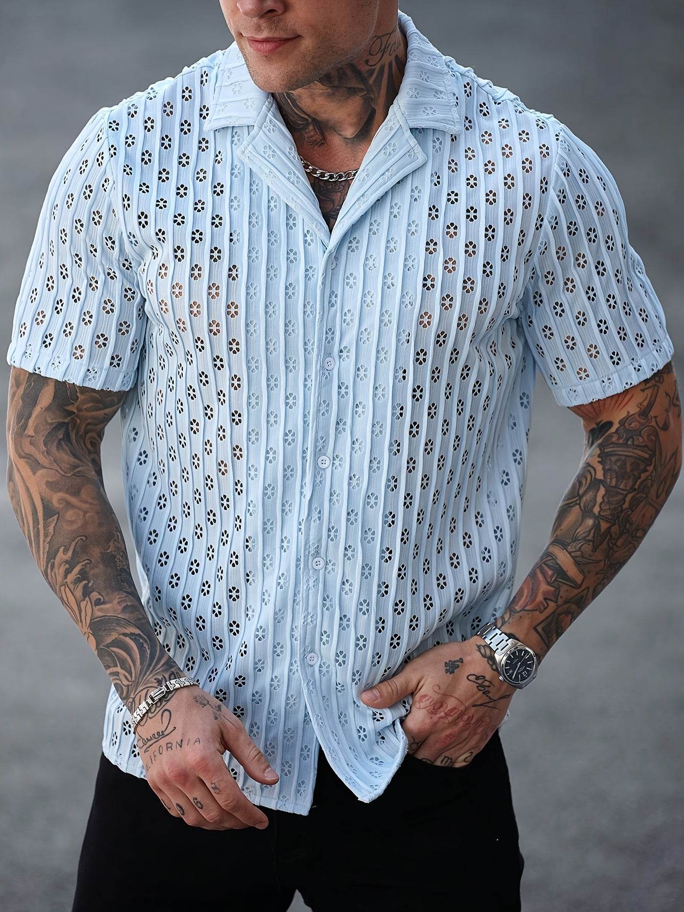 Men's Casual Floral Button-Up Shirt - Light Blue, Stretchy Fabric for Summer - Buy Center US