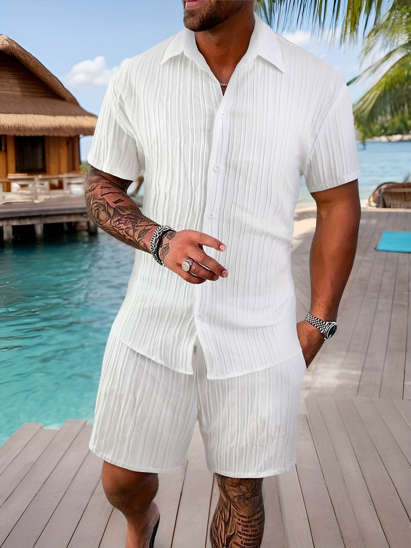 Stylish Summer White French Striped Suit for Men - Short Sleeve & Pants - Buy Center US